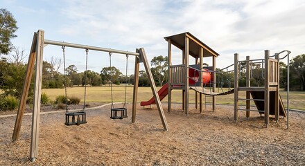 Children's playground with wooden structures and equipment on a sunny day