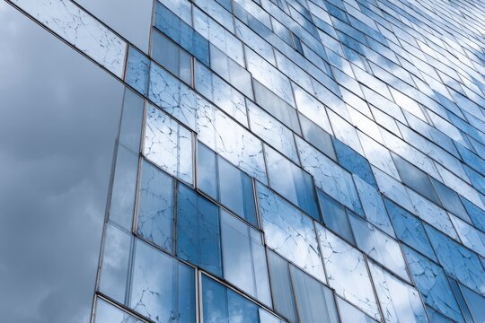 Close-up of modern building's glass facade reflecting clouds and sky, abstract shapes - Powered by Adobe