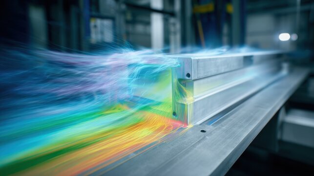 Medium shot capturing aerodynamic testing of stamped parts highlighting airflow simulations and design refinements for optimal performance.