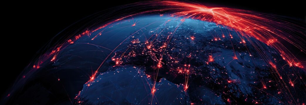 Blue Earth globe at night with red glowing lines connecting major cities, global network - Powered by Adobe