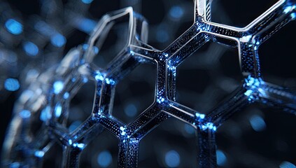 Intricate macro shot of a geometric structure, shimmering with vibrant blue light, set against dark