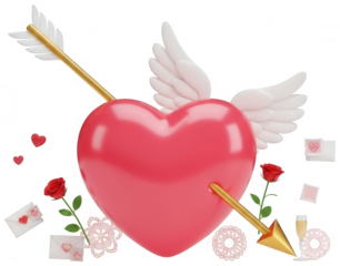 Cute 3d rendering of glossy pink heart pierced by golden cupid arrow with white wings representing romantic love and valentines day