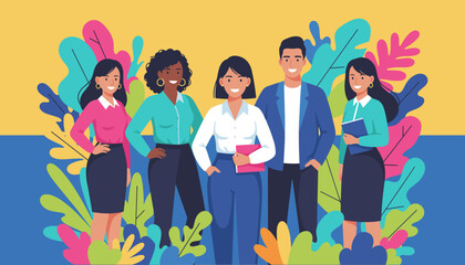 Diverse team of smiling professionals standing together against a vibrant abstract background Business teamwork and collaboration