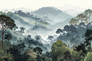 Tropical rainforest landscape with layered vegetation and misty mountains in background, birds flying above, creating serene and peaceful natural scene