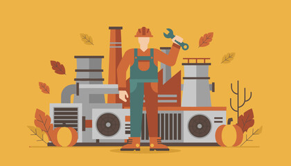 Industrial engineer in uniform holds a wrench before a factory emphasizing maintenance industry and autumn work