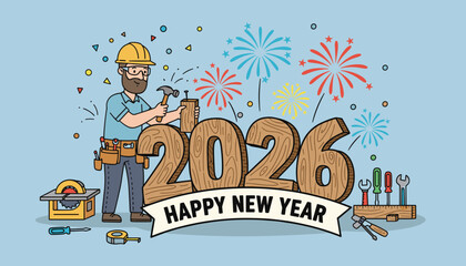 Skilled handyman building the 2026 New Year celebration using wood hammer and tools Future construction concept