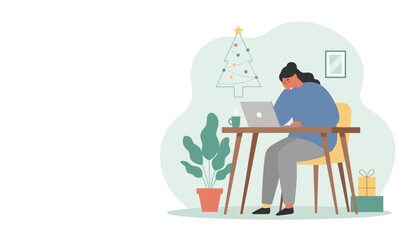Tired woman working remotely on laptop during Christmas holidays illustrating holiday stress overworking and burnout