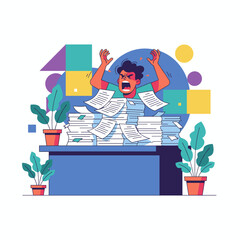Frustrated employee buried under a mountain of paperwork screaming in distress from office burnout and heavy workload