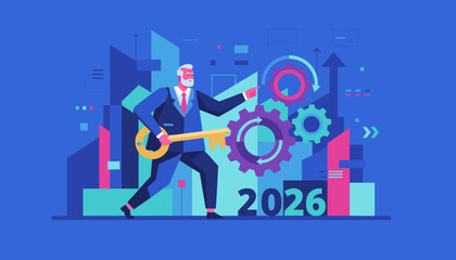 A confident businessman holds the key to success and strategy for the 2026 business year