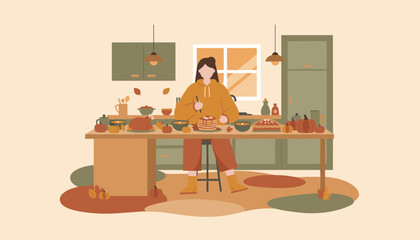 Woman cooks a festive fall feast in a modern kitchen surrounded by Thanksgiving turkey pie and pumpkins