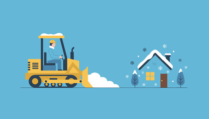 Worker operating a bulldozer to clear snow in front of a snowy house Winter maintenance and property service