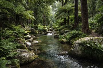 Lush green forest stream with clear flowing water surrounded by mossy rocks and tall trees creating peaceful natural scene