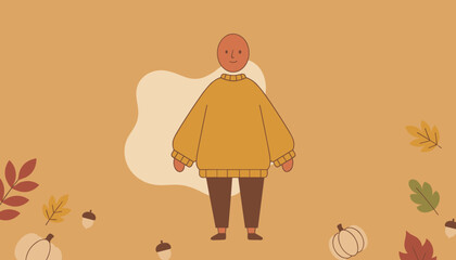 Stylized autumn illustration Person in a cozy sweater with fall leaves pumpkins and acorns on a warm background