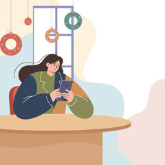 Distressed woman scrolling her phone indoors during holidays depicting loneliness and Christmas depression