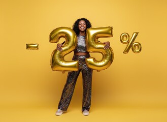 Smiling Black Woman Holding Golden -25 Percent Discount Balloons on Yellow Background, Sale Promotion Concept with Copy Space