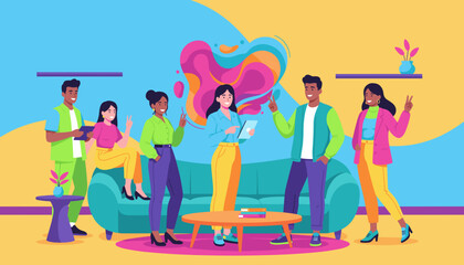 Diverse young people working casually in a vibrant abstract office space showing teamwork and positive energy