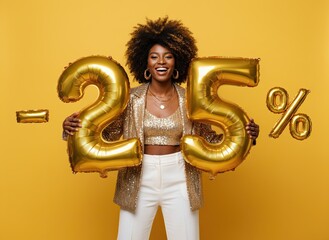 Smiling Black Woman Holding Golden -25 Percent Discount Balloons on Yellow Background, Sale Promotion Concept with Copy Space
