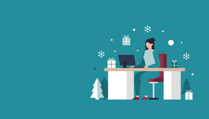 Female employee working on desktop computer during the holiday season Winter business illustration
