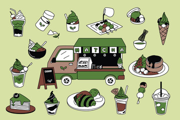 Color doodle of Matcha food truck. 