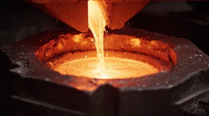 Footage of centrifugal iron pouring process with glowing liquid metal spun into a rotating mold emphasizing dynamic shaping and uniform casting.