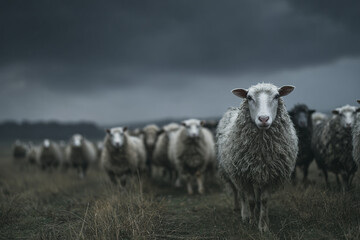 Fototapeta premium Sheep herd standing on grassy field under dark cloudy sky, creating moody and dramatic atmosphere with focus on one sheep in foreground looking directly at camera