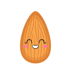 Smiling almond, fun cartoon character, tasty and healthy nut, happy face, emotions joy delight, big eyes, kawaii style, flat vector illustration.
