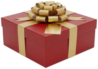 Red gift box with gold ribbon and tag, festive packaging for presents