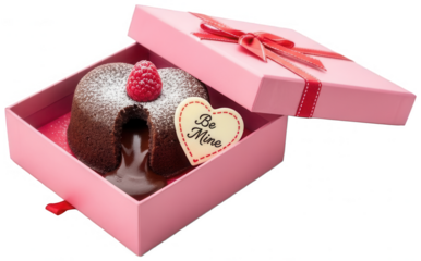 Valentines chocolate fondant with be mine heart message in pink square gift box on transparent background