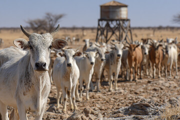 White cattle herd standing on dry rocky ground near water tower in arid farm landscape with warm sunlight and clear sky