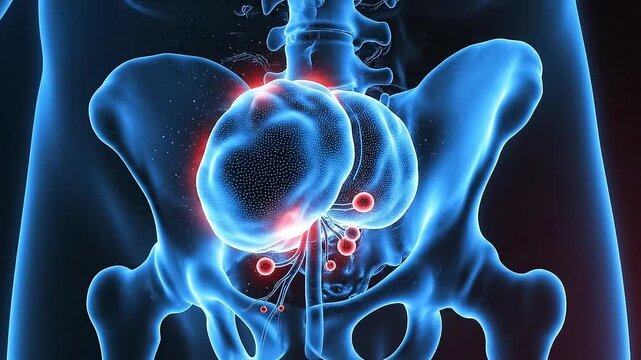Pelvic Anatomy with Bladder Cancer Illustration in Blue Tones on Dark Background Medical Visualization