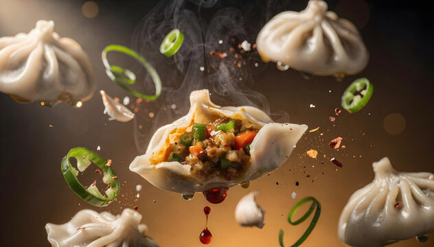 A cinematic macro shot of freshly steamed momos suspended mid-air, captured in a graceful, asymmetric swirl. Soft, pleated dumplings glisten with a delicate sheen of steam and light oil
