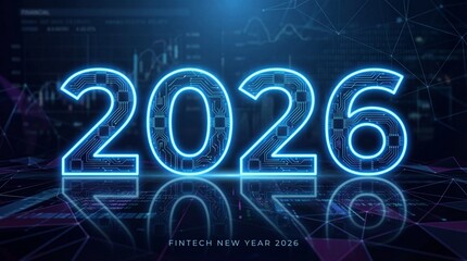 Glowing Neon Blue 2026 with Circuit Board Texture and 'FINTECH NEW YEAR 2026' on Digital Background