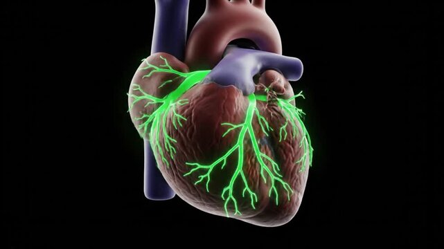3D rendering of a human heart with glowing green electrical pathways on a black background, illustrating the cardiac conduction system.