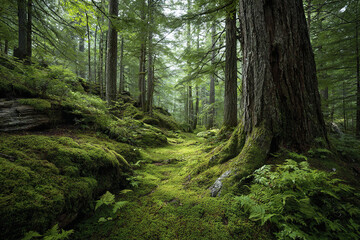 Obraz premium Lush forest interior with moss covered ground and tree trunks, soft green ferns, and peaceful natural atmosphere under diffused light