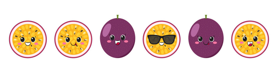 Set cute passion fruit, fun cartoon character, exotic tropical fruit, big eyes, happy smiling face, emotions joy delight, kawaii style, icon vector illustration.