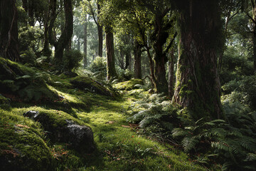 Fototapeta premium Lush forest interior scene with mossy trunks and fern carpet, soft sunlight filtering through dense green foliage creating peaceful and serene natural atmosphere