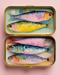 Colorful Sardines in Painted Tin Can with Artistic Brush. Creative conceptual artwork of sardines in a tin can, painted in thick oil strokes with vibrant colors and pastel background.