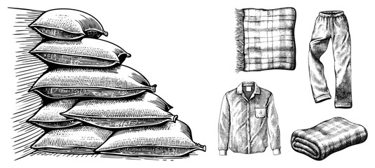 stacked sacks and clothing items