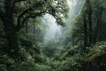 Lush green forest with dense foliage and low hanging mist creating calm and mysterious atmosphere under soft sunlight filtering through tall trees
