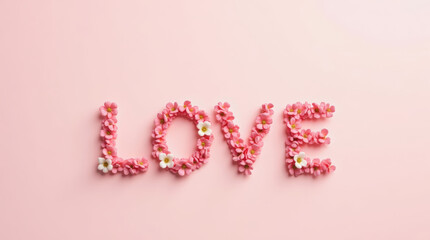 Word love formed from small pink flowers placed on soft pastel background. Floral concept for romance, valentine, wedding cards and love messages