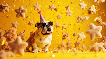 Happy bulldog wearing sunglasses and party hat celebrates with falling star-shaped treats