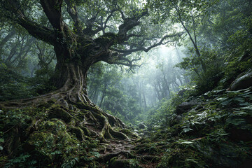 Fototapeta premium Ancient tree with twisted roots in lush green forest surrounded by dense foliage and misty atmosphere creating mysterious and enchanting natural scene