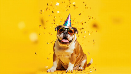 Happy bulldog wearing party hat and sunglasses with falling confetti on yellow background