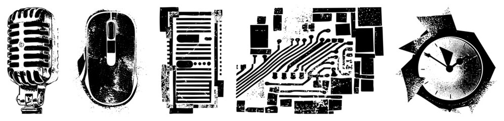 retro microphone computer mouse keyboard circuit board clock