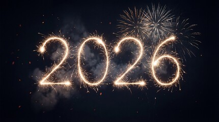 2026 Sparkler Numbers with Fireworks on Dark Night Background