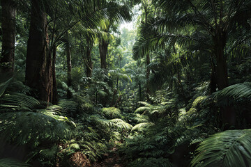 Obraz premium Lush rainforest interior with dense tropical vegetation and tall palm trees creating vibrant green atmosphere filled with ferns and natural light filtering through canopy