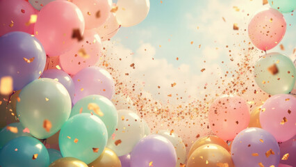 Festive pastel balloons float against a bright sky with falling golden confetti