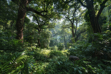 Obraz premium Lush tropical forest with dense undergrowth and vibrant green foliage bathed in soft sunlight creating serene and peaceful natural atmosphere