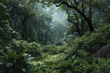 Obraz premium Lush tropical forest with dense undergrowth and vibrant green foliage creating serene and peaceful atmosphere in misty natural environment