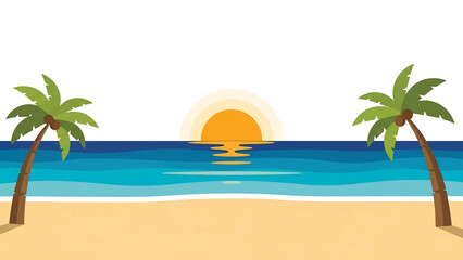 Obraz premium A cartoon scene depicts a sunny beach at sunset. Palm trees flank a shoreline with ocean. The sun, a golden orb, sets over the water